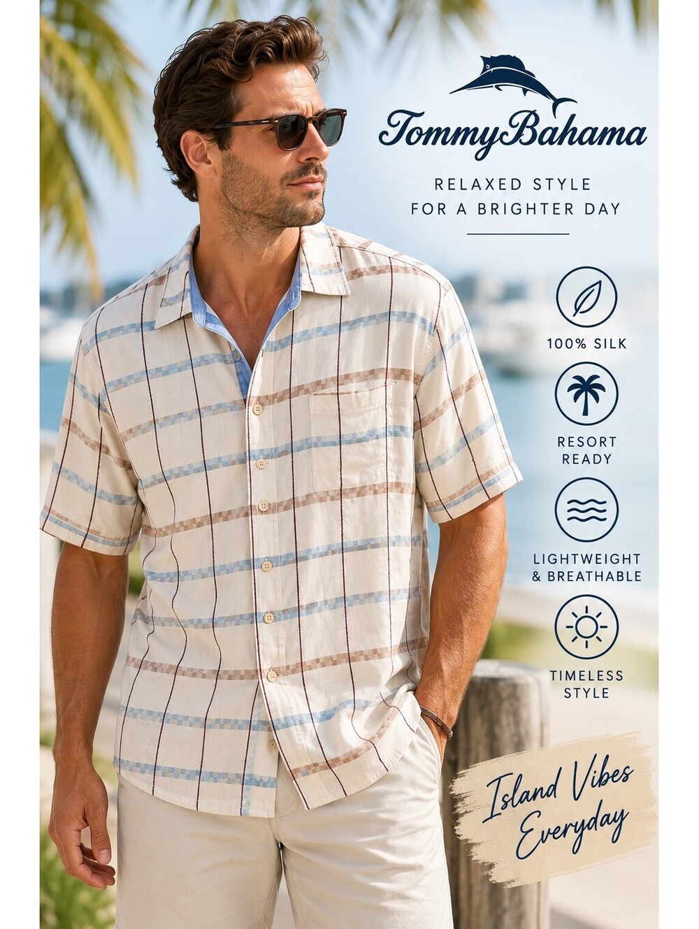Tommy Bahama 100% Silk Plaid Button Down Shirt XL Cream Blue Short Sleeve